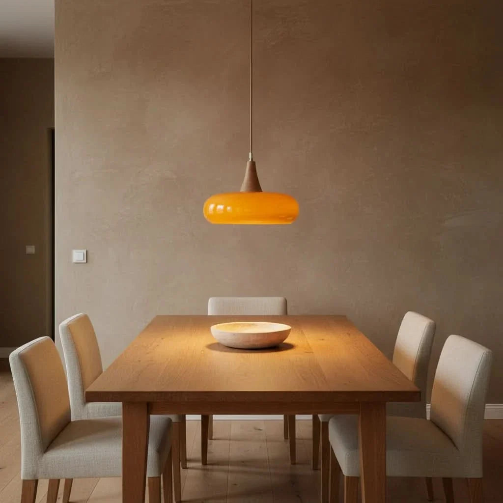 Pendant Light Glass Shade Natural Wood Adjustable Cord