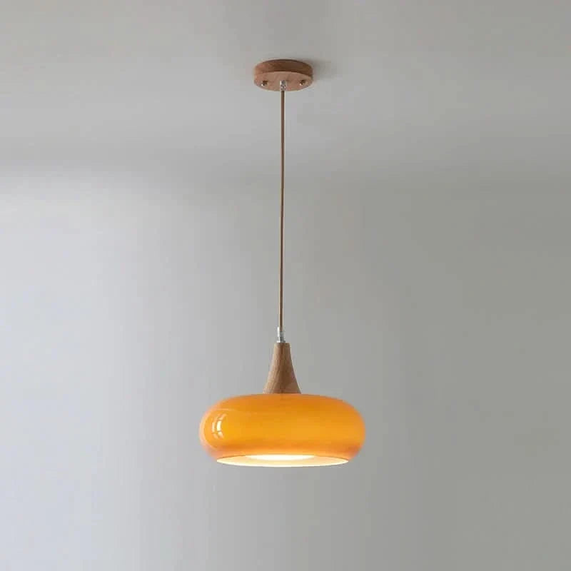 Pendant Light Glass Shade Natural Wood Adjustable Cord