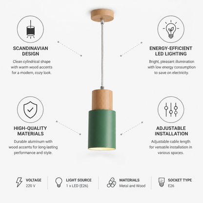 Pendant Light Scandinavian Cylinder LED Aluminum & Wood Accents