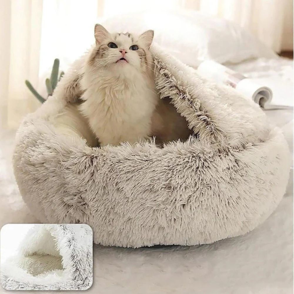 Pet Bed Round Hooded Faux Fur Machine Washable