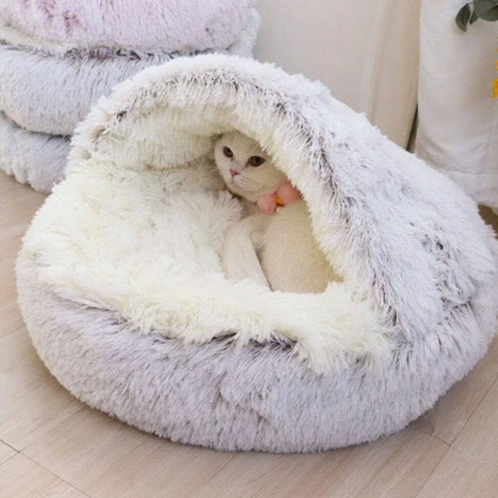 Pet Bed Round Hooded Faux Fur Machine Washable