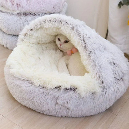 Pet Bed Round Hooded Faux Fur Machine Washable