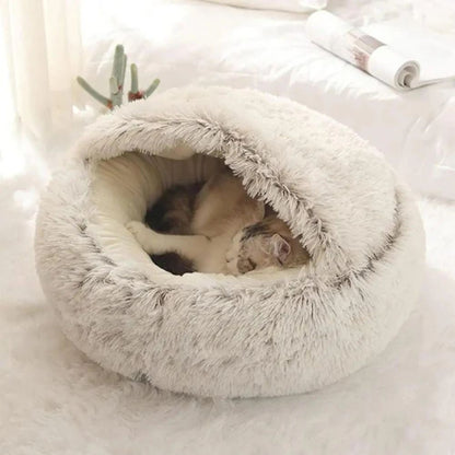 Pet Bed Round Hooded Faux Fur Machine Washable