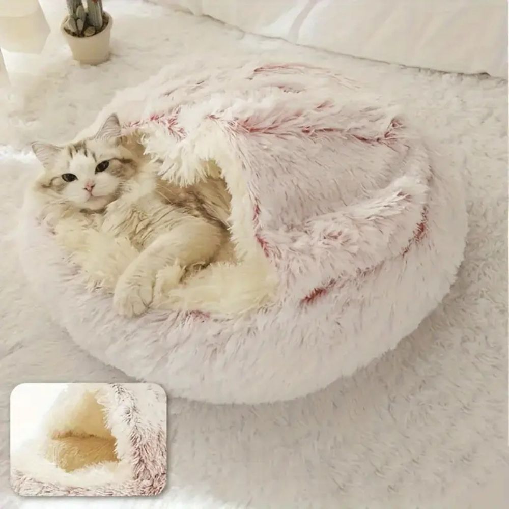 Pet Bed Round Hooded Faux Fur Machine Washable