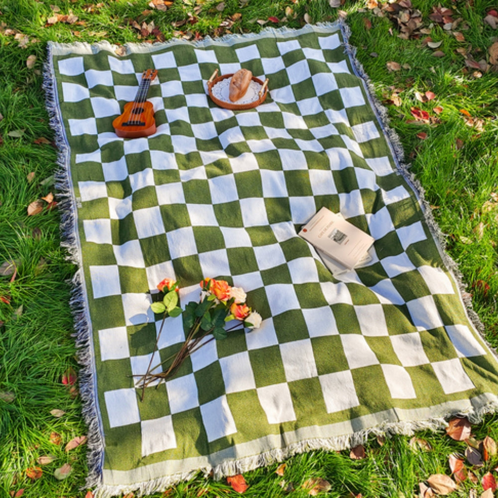 Picnic Blanket All-Season Microfiber Checkered Fringe