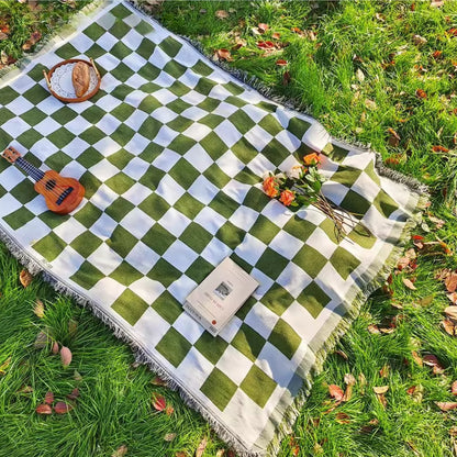 Picnic Blanket All-Season Microfiber Checkered Fringe
