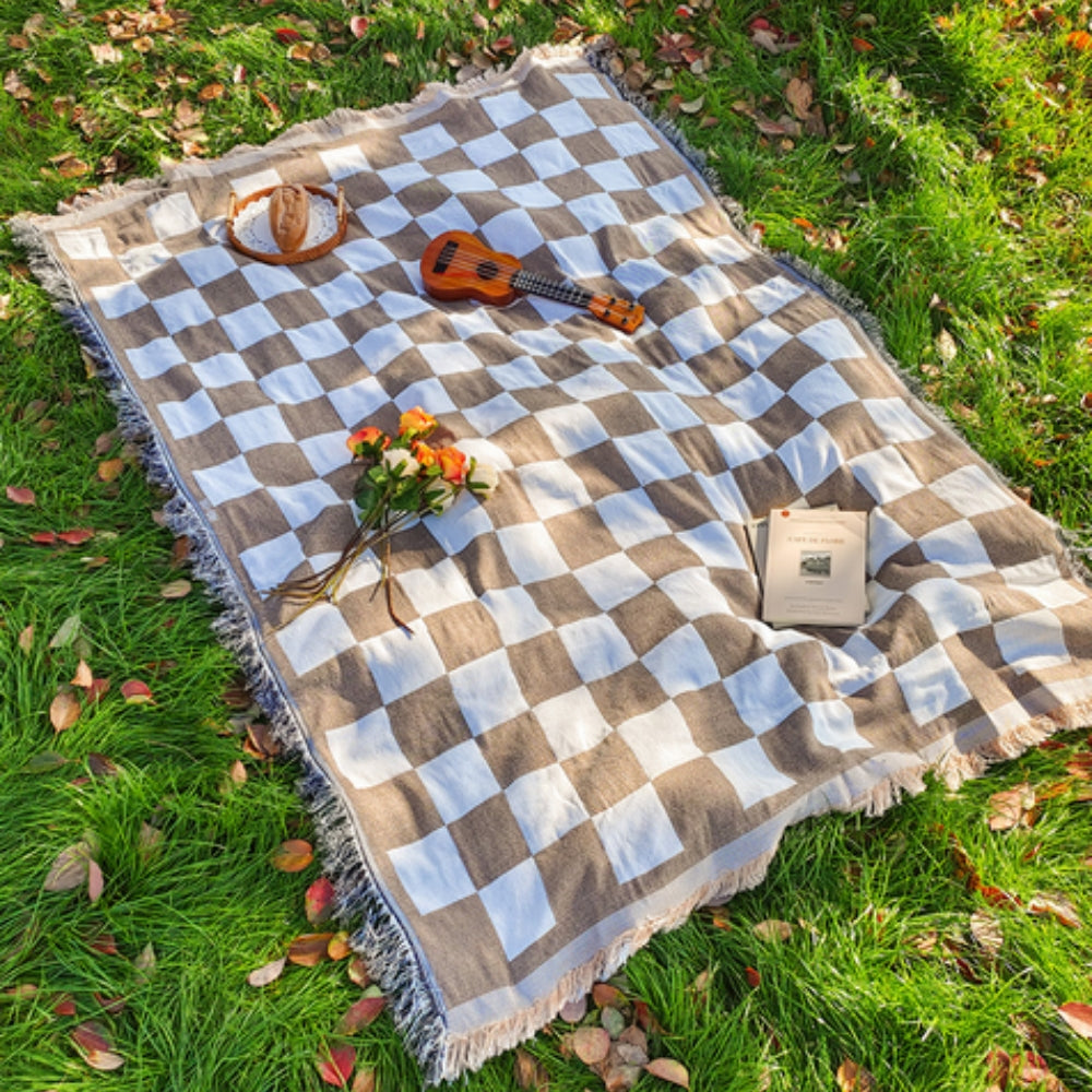 Picnic Blanket All-Season Microfiber Checkered Fringe