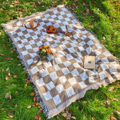 Picnic Blanket All-Season Microfiber Checkered Fringe