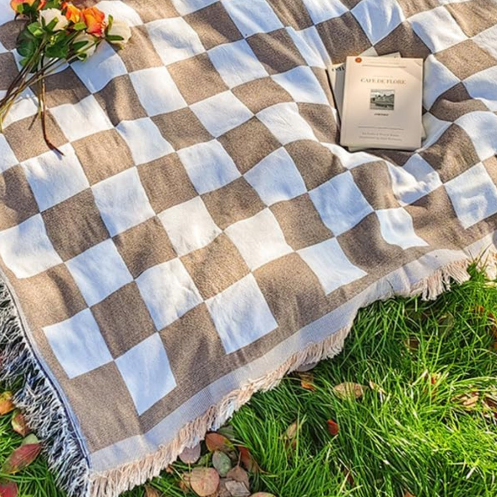 Picnic Blanket All-Season Microfiber Checkered Fringe