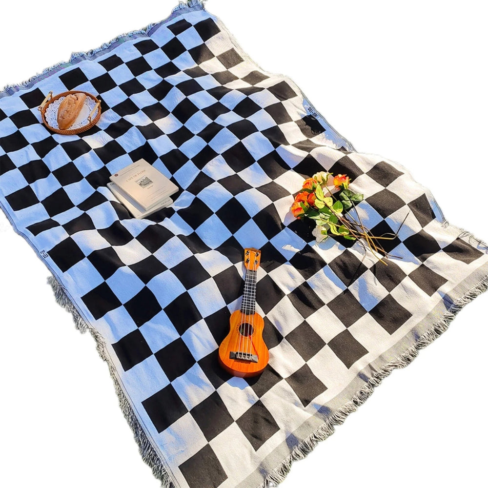 Picnic Blanket All-Season Microfiber Checkered Fringe