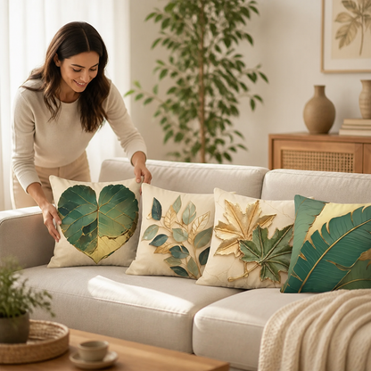 Pillow Covers Vintage Leaf Set of 4 Machine Washable
