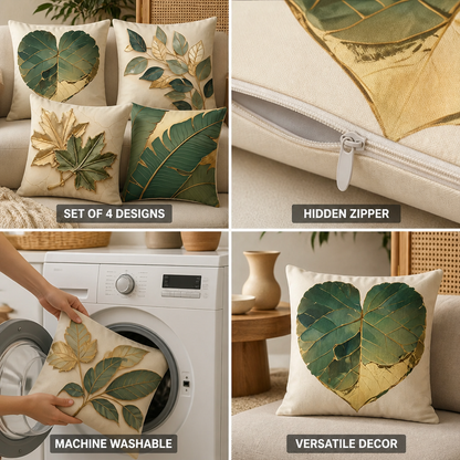 Pillow Covers Vintage Leaf Set of 4 Machine Washable
