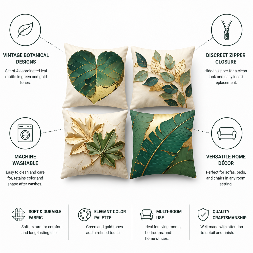 Pillow Covers Vintage Leaf Set of 4 Machine Washable