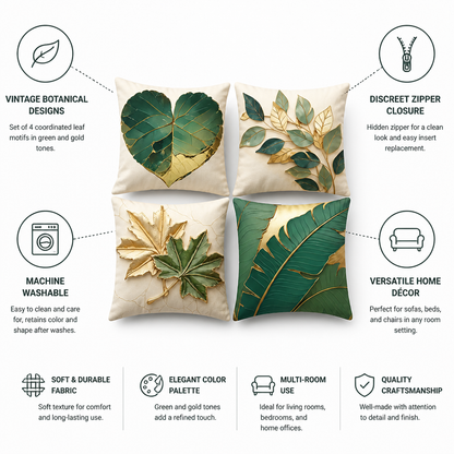 Pillow Covers Vintage Leaf Set of 4 Machine Washable