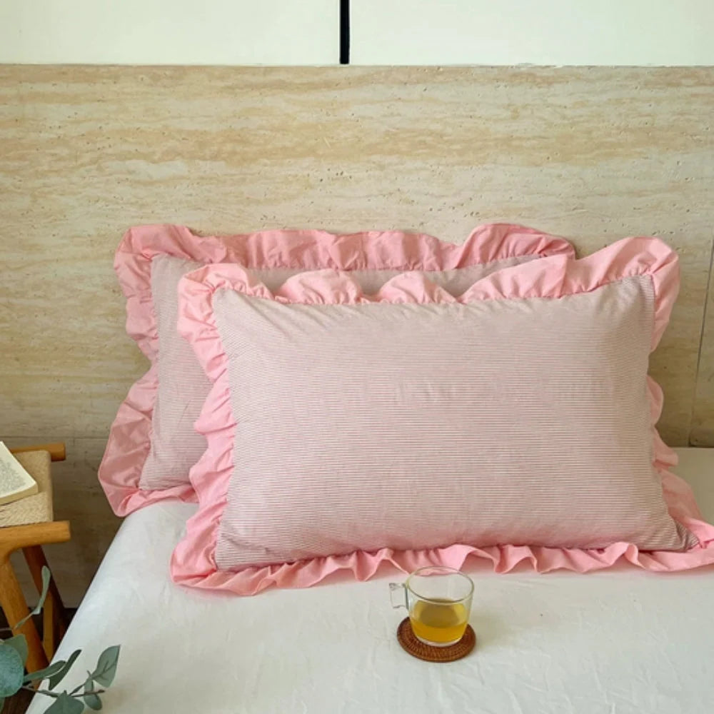 Pillowcase Striped Ruffled Lace Breathable Microfiber & Zipper Closure