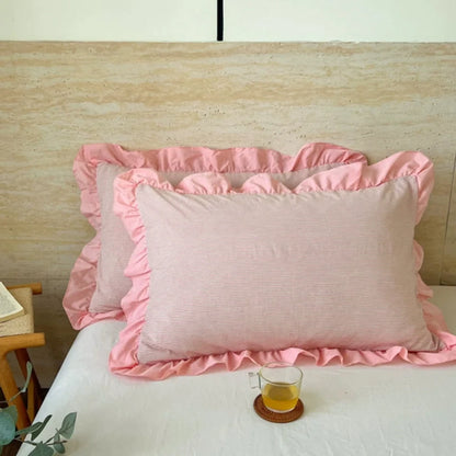 Pillowcase Striped Ruffled Lace Breathable Microfiber & Zipper Closure