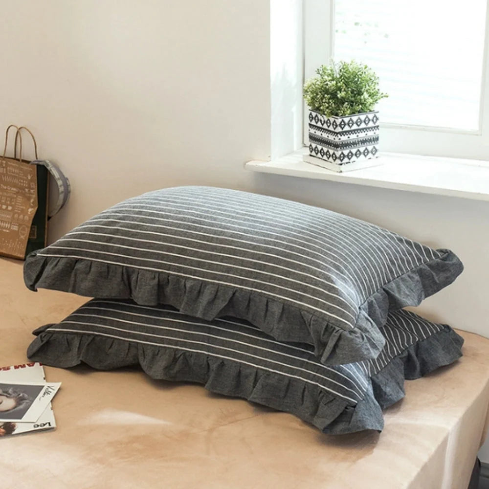 Pillowcase Striped Ruffled Lace Breathable Microfiber & Zipper Closure