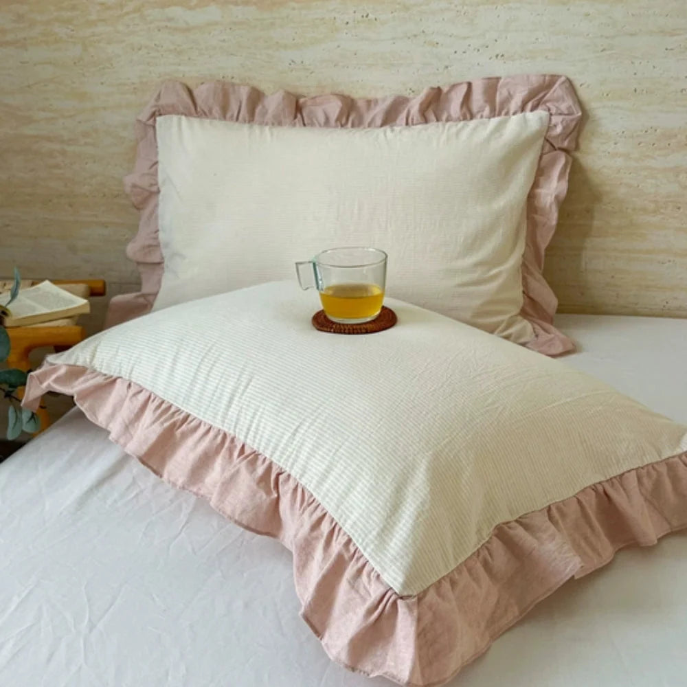 Pillowcase Striped Ruffled Lace Breathable Microfiber & Zipper Closure