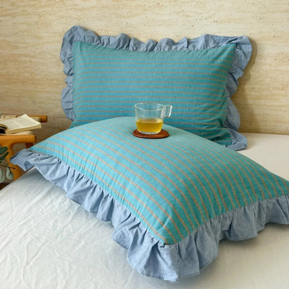 Pillowcase Striped Ruffled Lace Breathable Microfiber & Zipper Closure