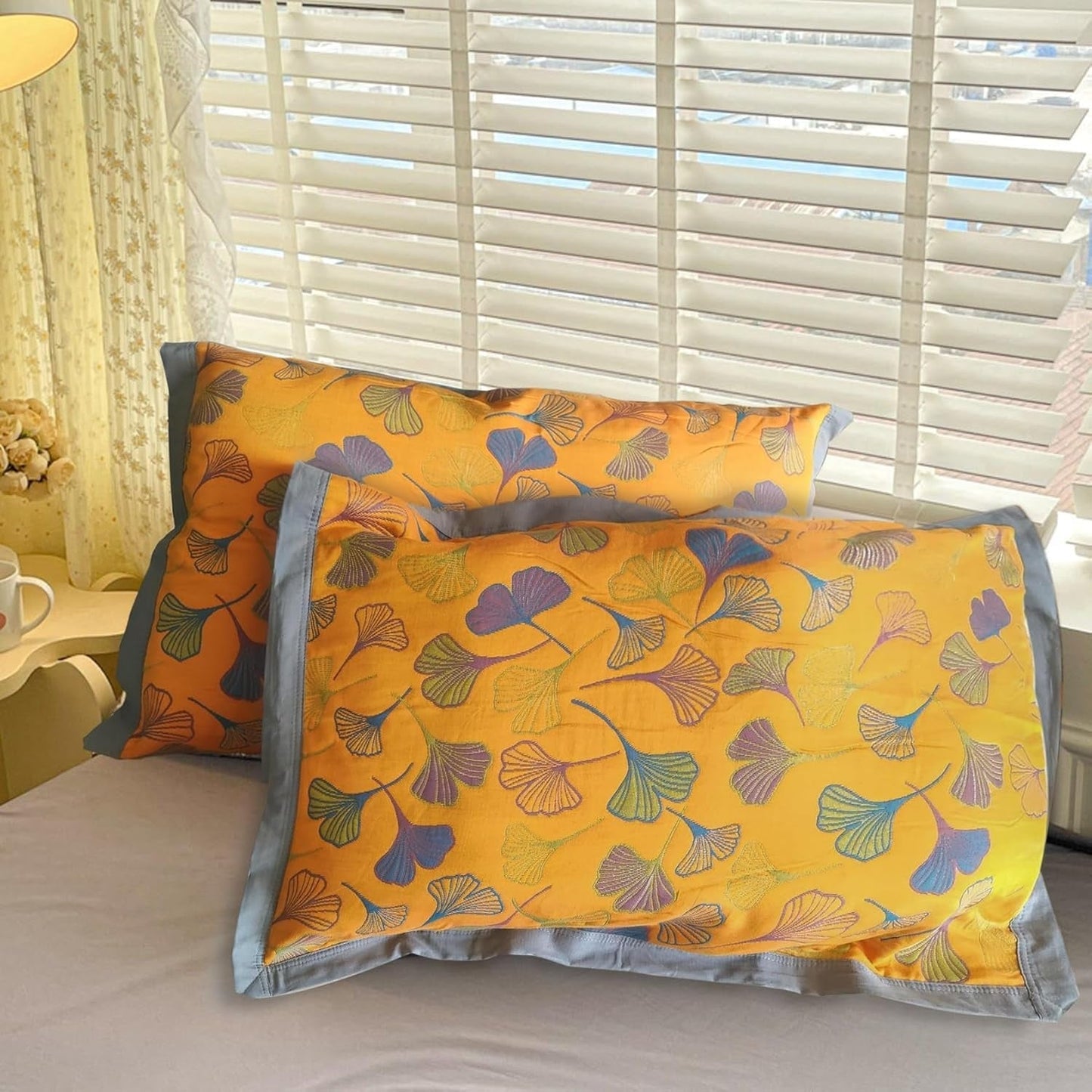 Pillowcases 100% Cotton Ginkgo Leaf Embroidery Set of 2