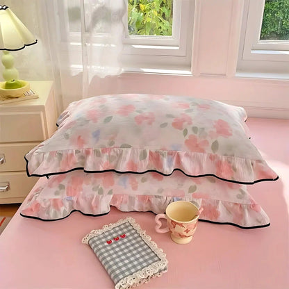 Pillowcases Soft Gauze Floral Ruffle Set of 2