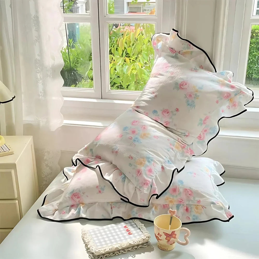 Pillowcases Soft Gauze Floral Ruffle Set of 2