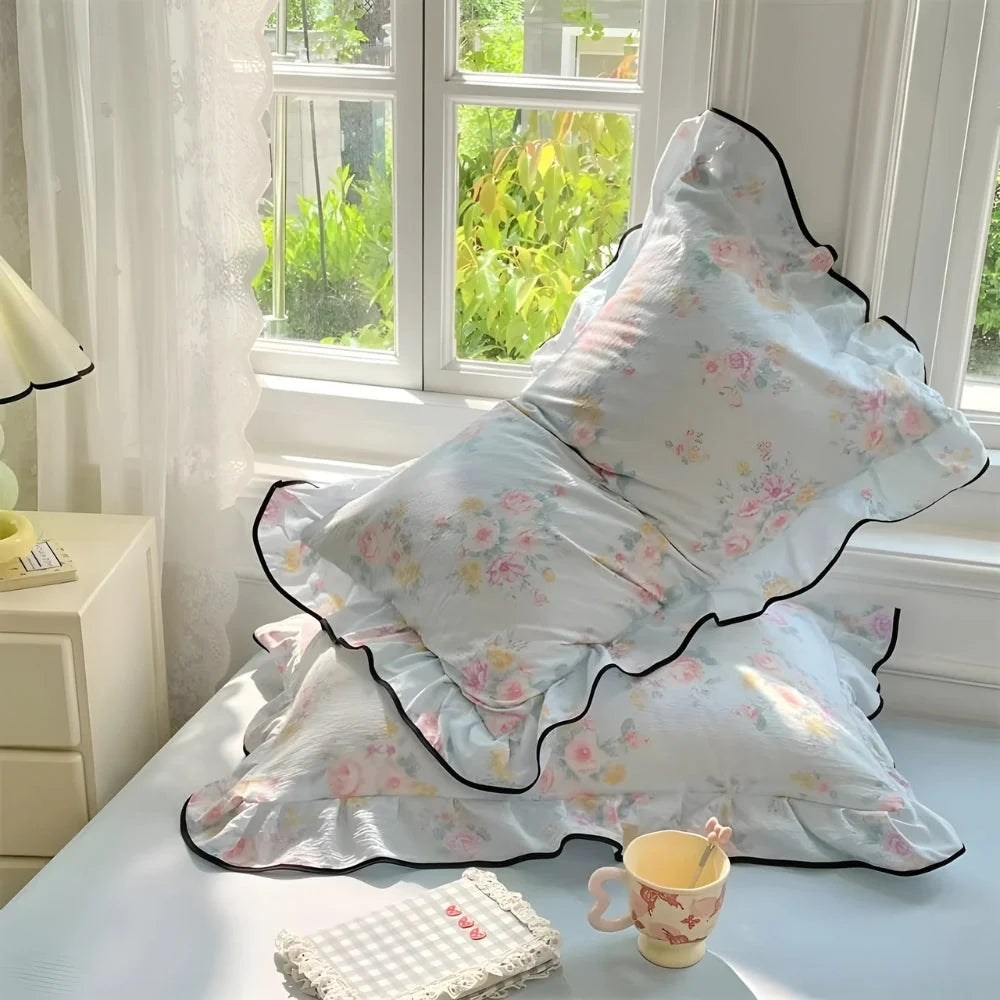 Pillowcases Soft Gauze Floral Ruffle Set of 2