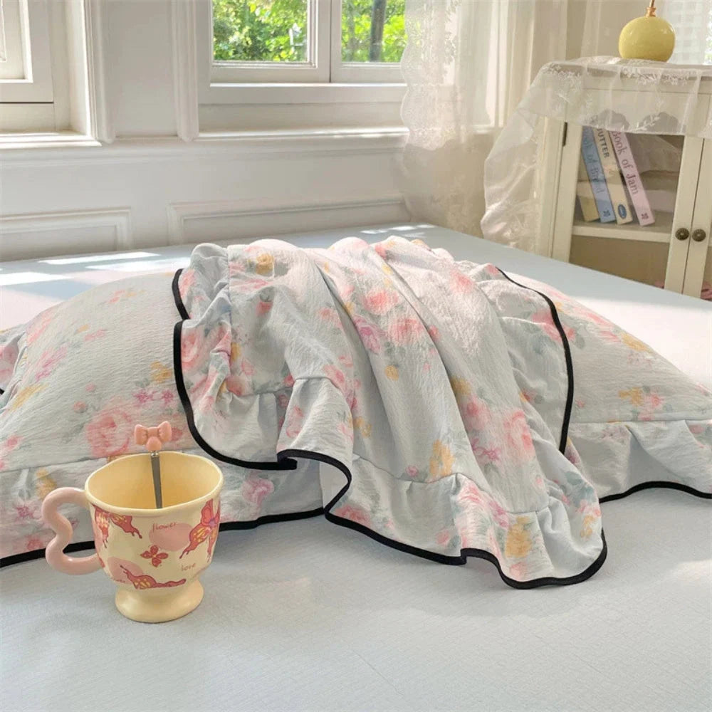 Pillowcases Soft Gauze Floral Ruffle Set of 2