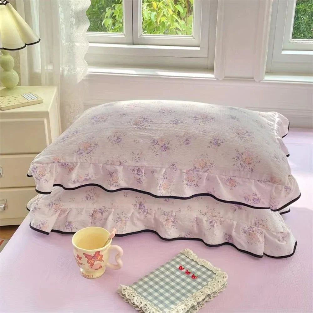 Pillowcases Soft Gauze Floral Ruffle Set of 2