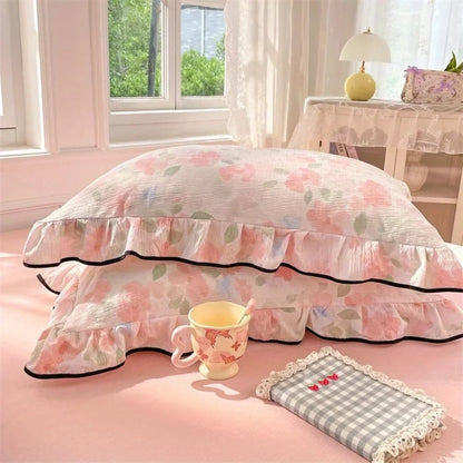 Pillowcases Soft Gauze Floral Ruffle Set of 2