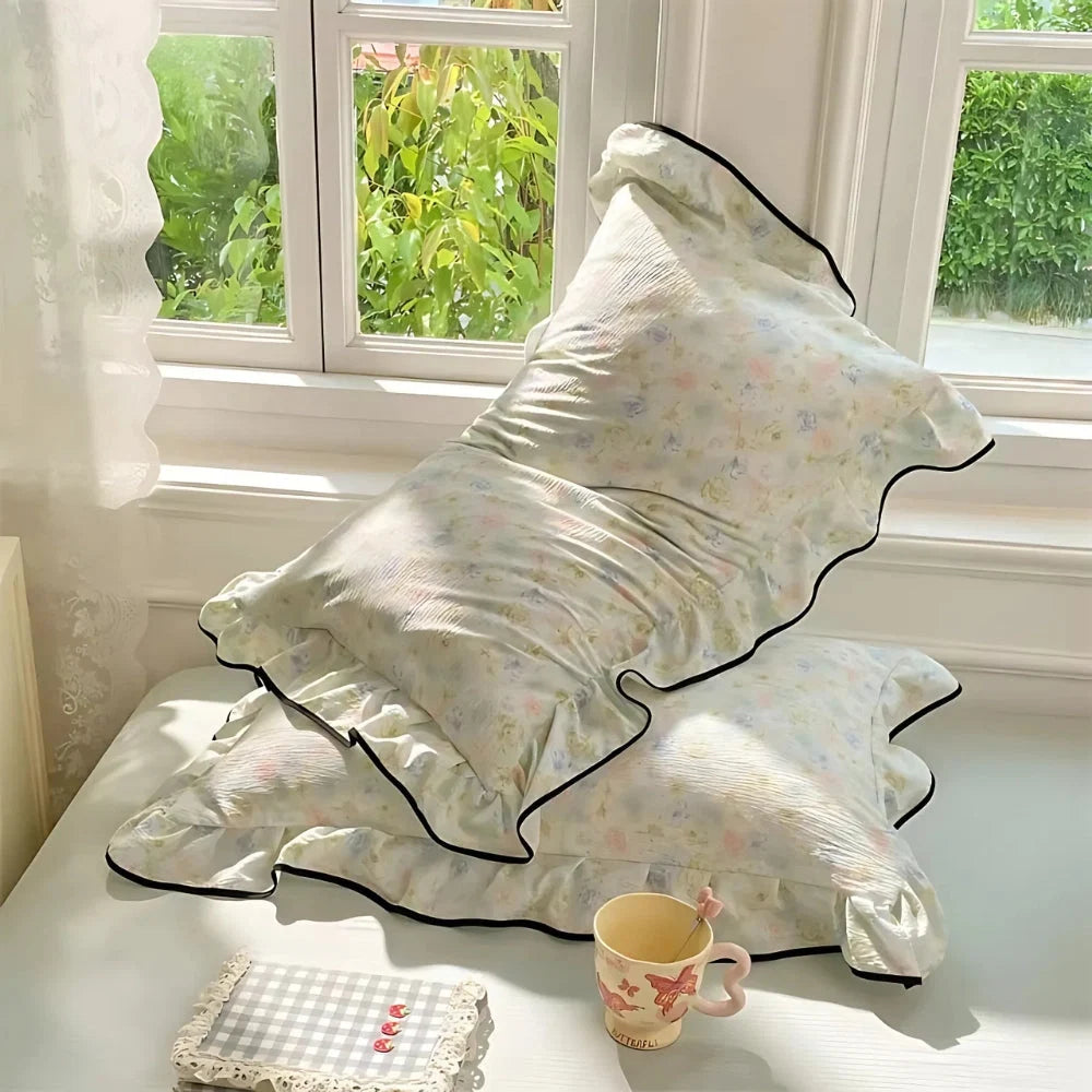 Pillowcases Soft Gauze Floral Ruffle Set of 2