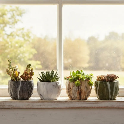 Plant Pot Set Marble-Look Lightweight Set of 4