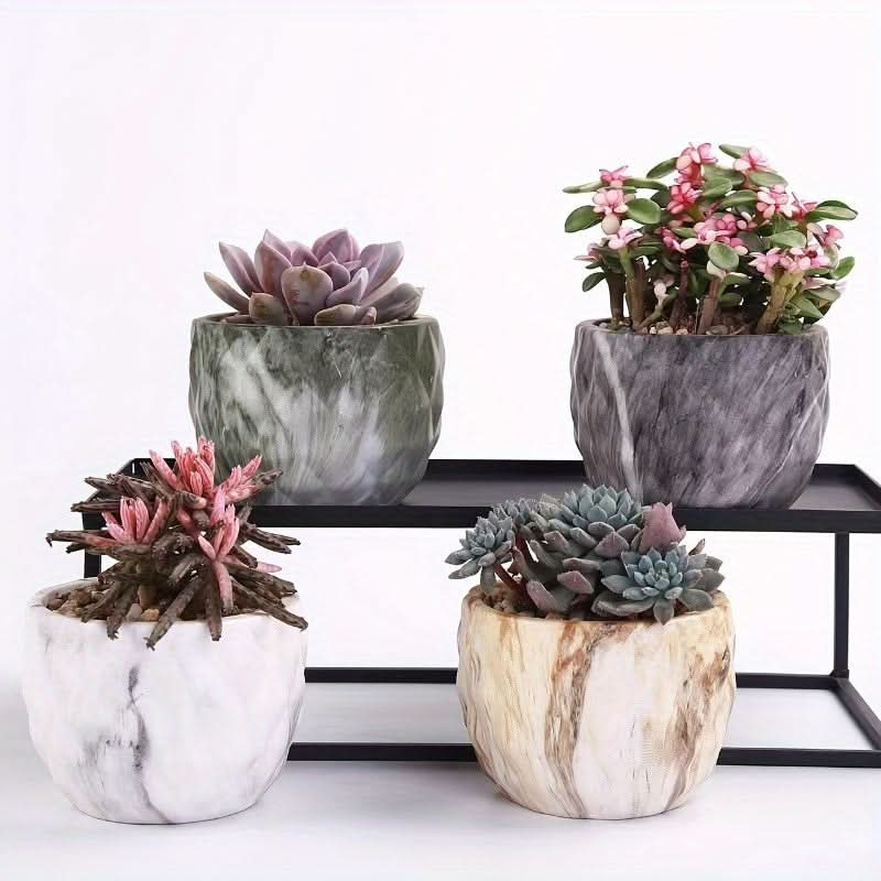 Plant Pot Set Marble-Look Lightweight Set of 4