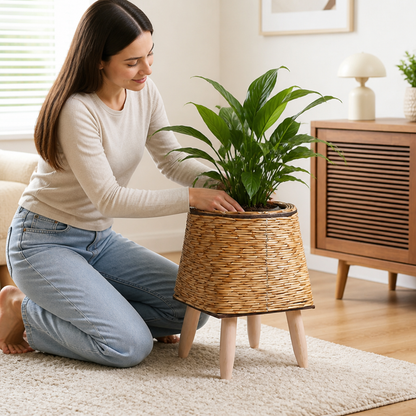 Plant Stand Hand-Woven Removable Wood Legs Moisture-Protected Liner
