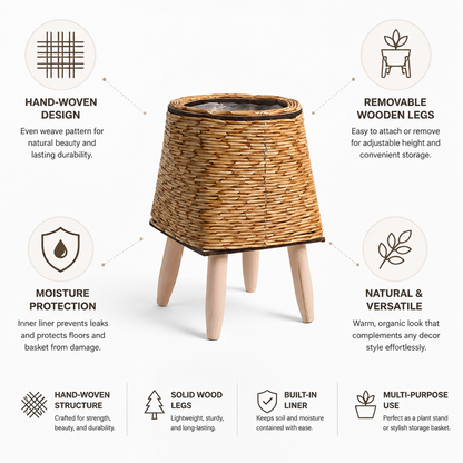 Plant Stand Hand-Woven Removable Wood Legs Moisture-Protected Liner