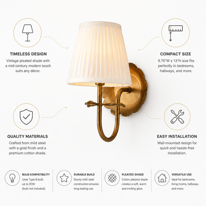 Pleated Cotton Shade Gold-Finish Wall Sconce