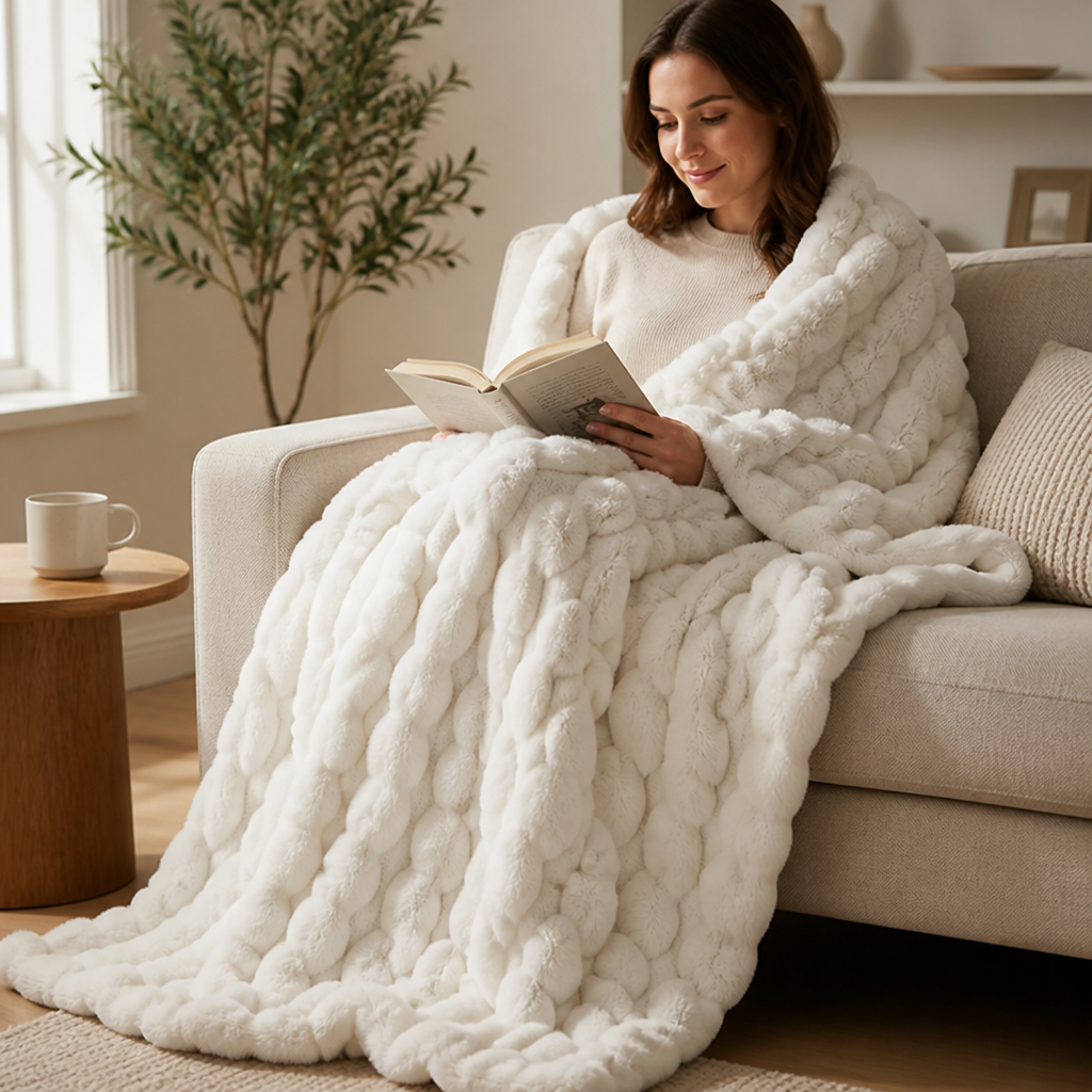 Plush Throw Blanket Wave Texture Lightweight Machine-Washable