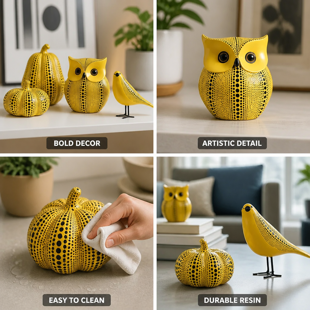 Polka Dot Pop-Art Resin Figurines (Pumpkin, Owl & Bird)