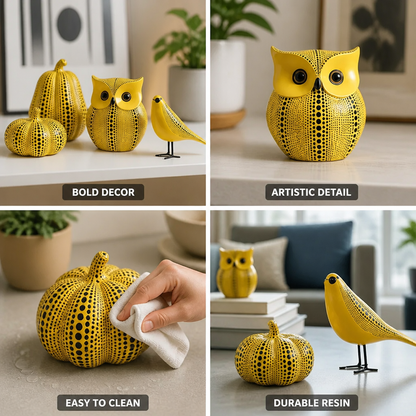 Polka Dot Pop-Art Resin Figurines (Pumpkin, Owl & Bird)
