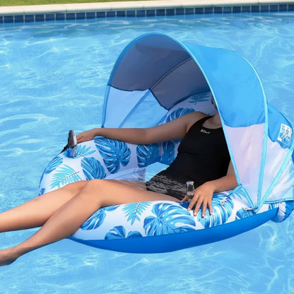 Pool Lounger Inflatable With Built-In Sun Canopy