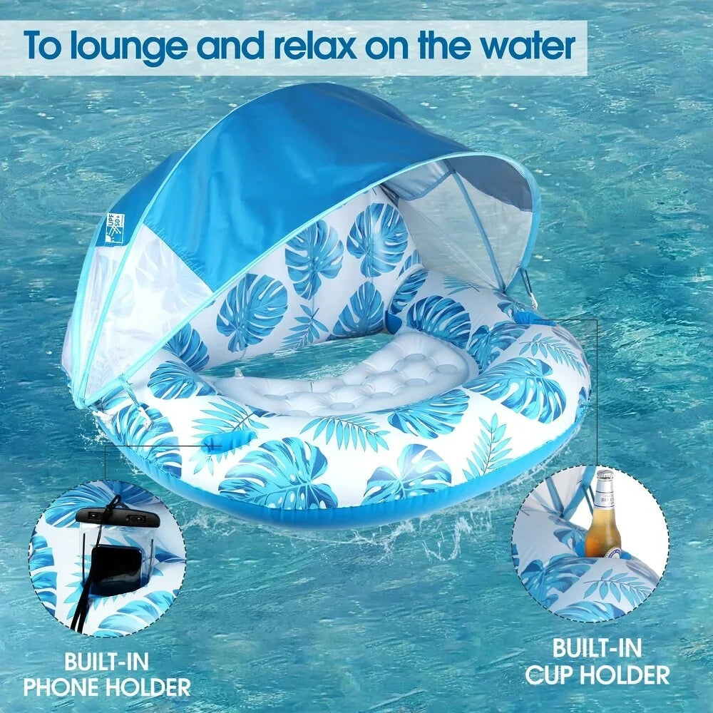 Pool Lounger Inflatable With Built-In Sun Canopy