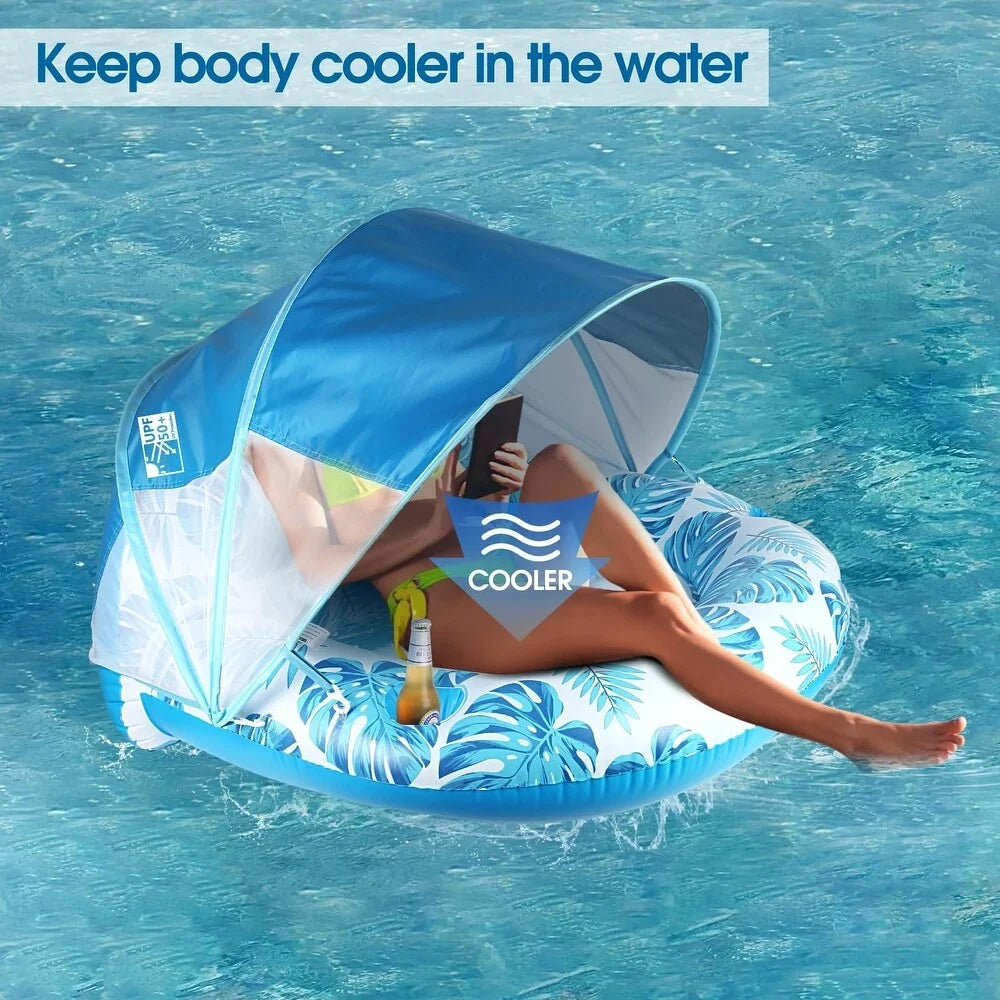Pool Lounger Inflatable With Built-In Sun Canopy