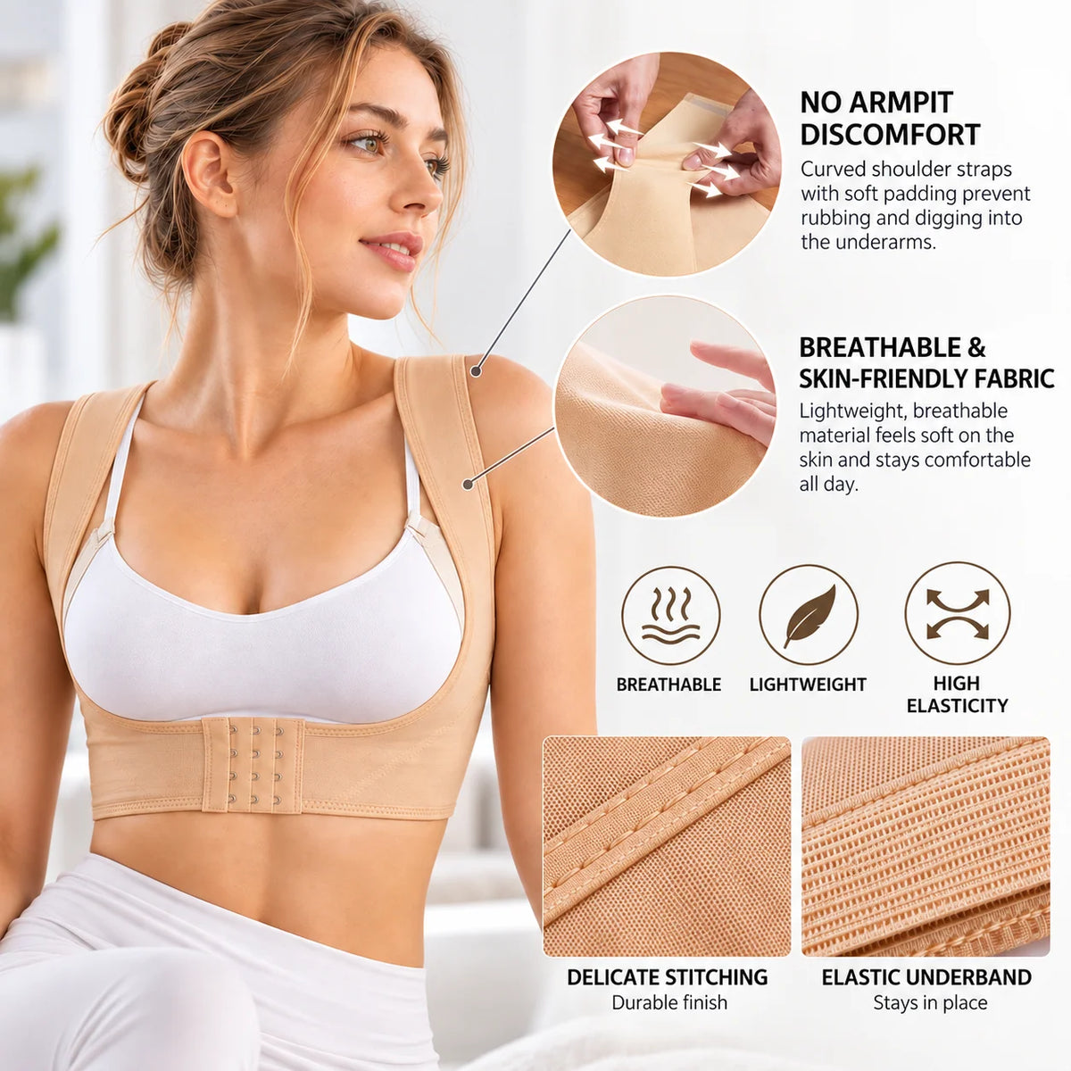 Posture Brace X-Shaped Back Support Adjustable Front Closure Sheer Fabric