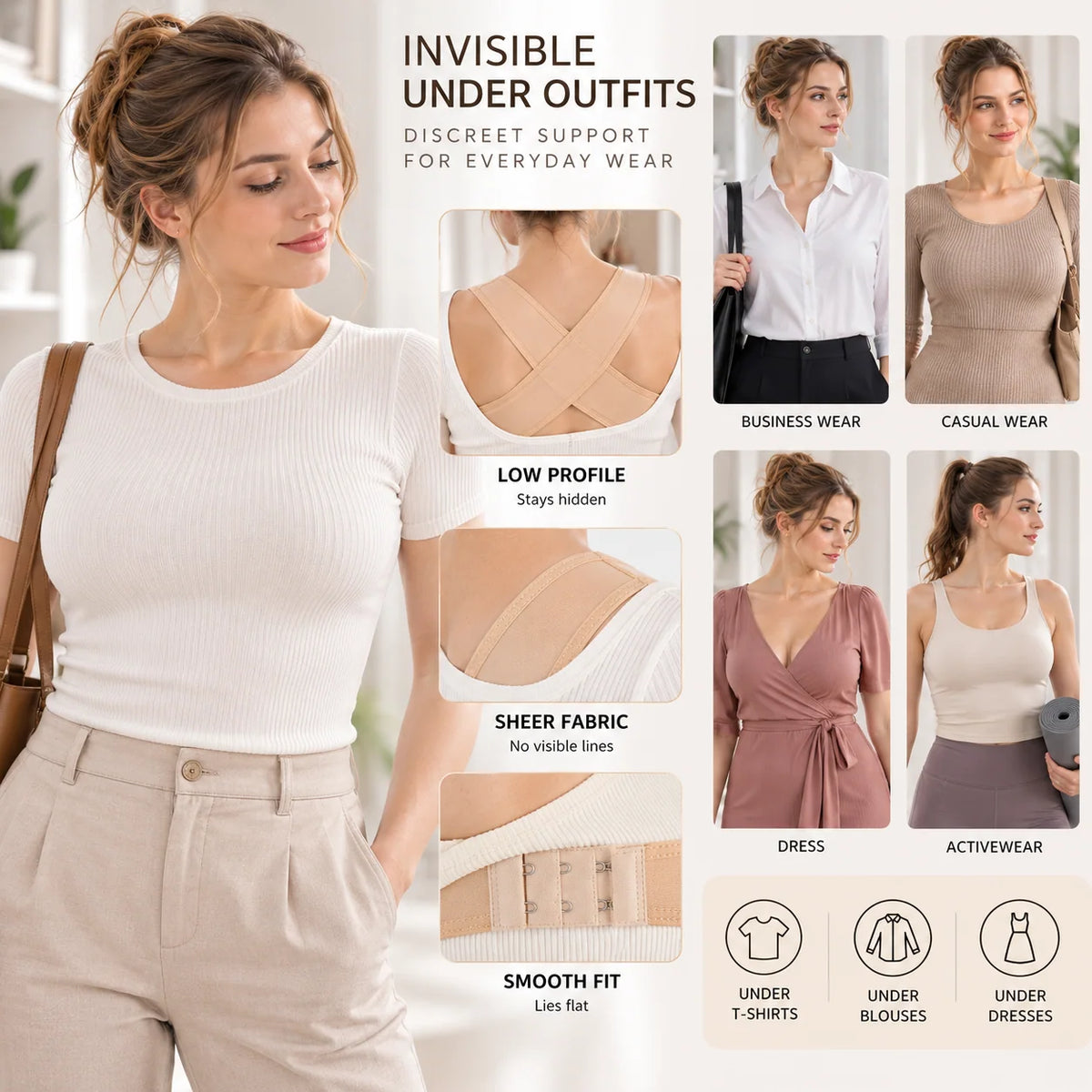 Posture Brace X-Shaped Back Support Adjustable Front Closure Sheer Fabric
