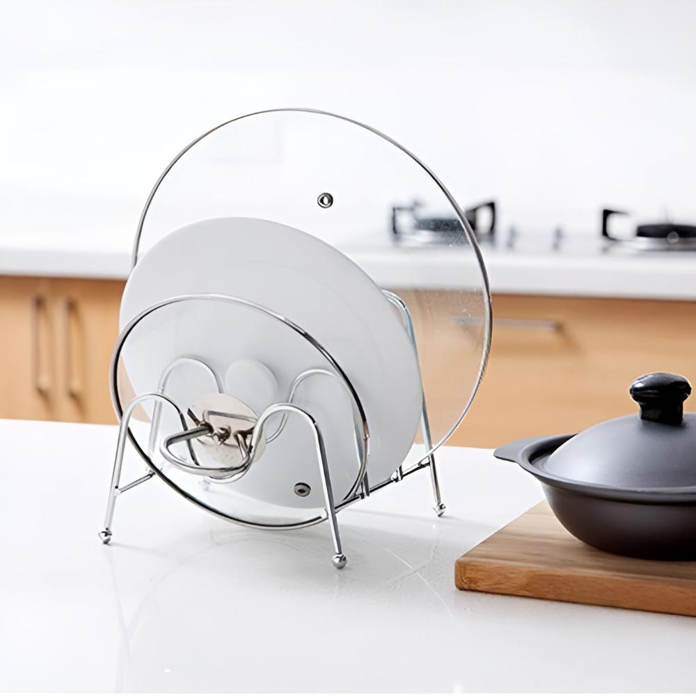Pot Lid Rack Chrome Finish Holds Three Lids