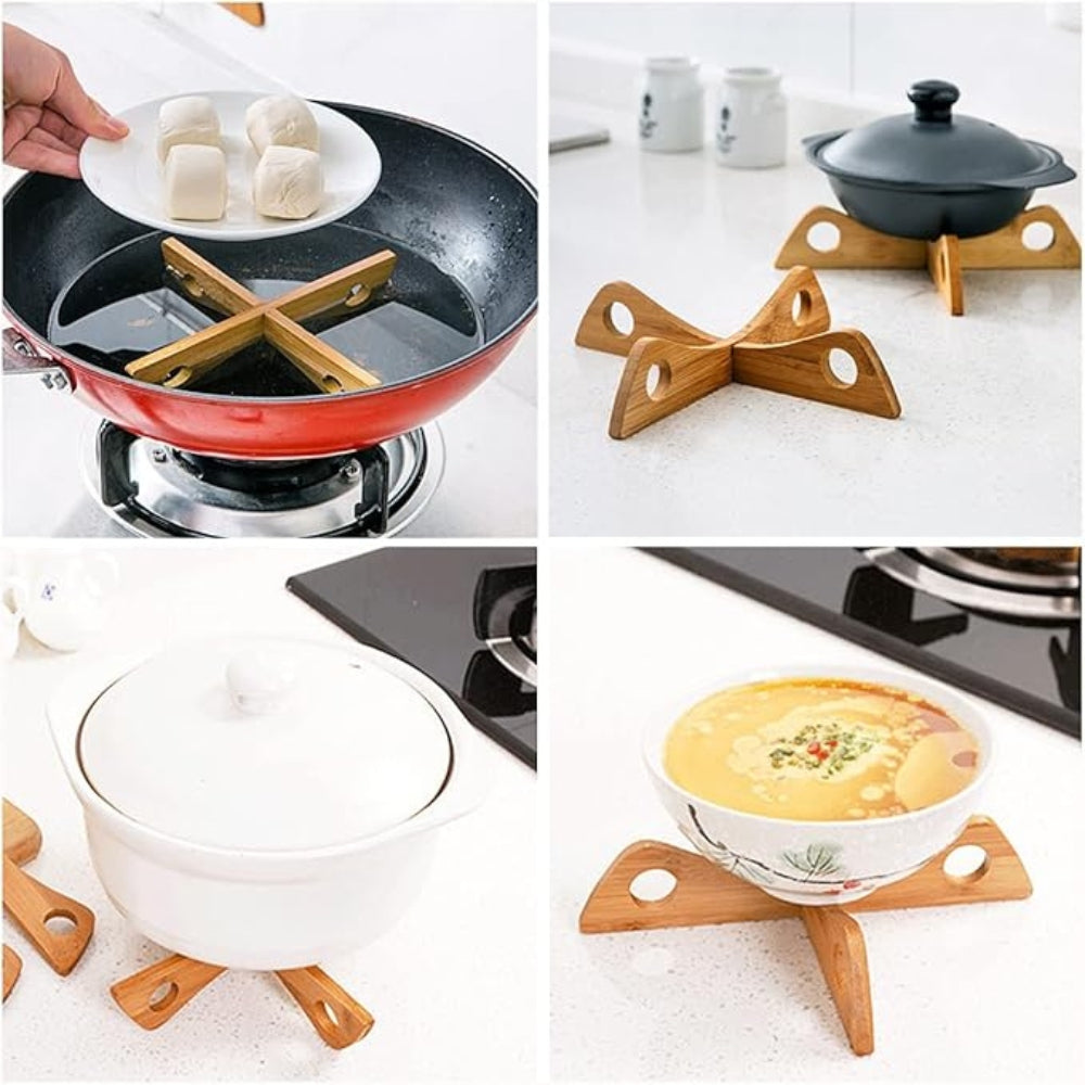 Pot Stand & Steam Rack Foldable Bamboo Non-Slip Base
