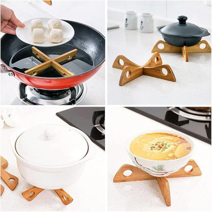 Pot Stand & Steam Rack Foldable Bamboo Non-Slip Base