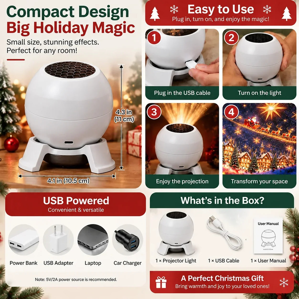 Projection Night Light USB-Powered Wall & Ceiling Decor