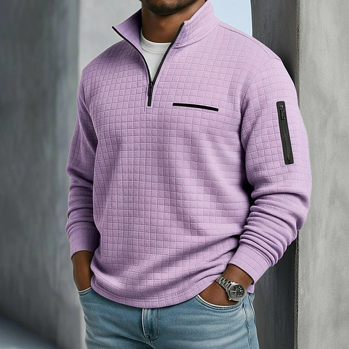 Quarter-Zip Polo Shirt Waffle Knit Long Sleeve Breathable