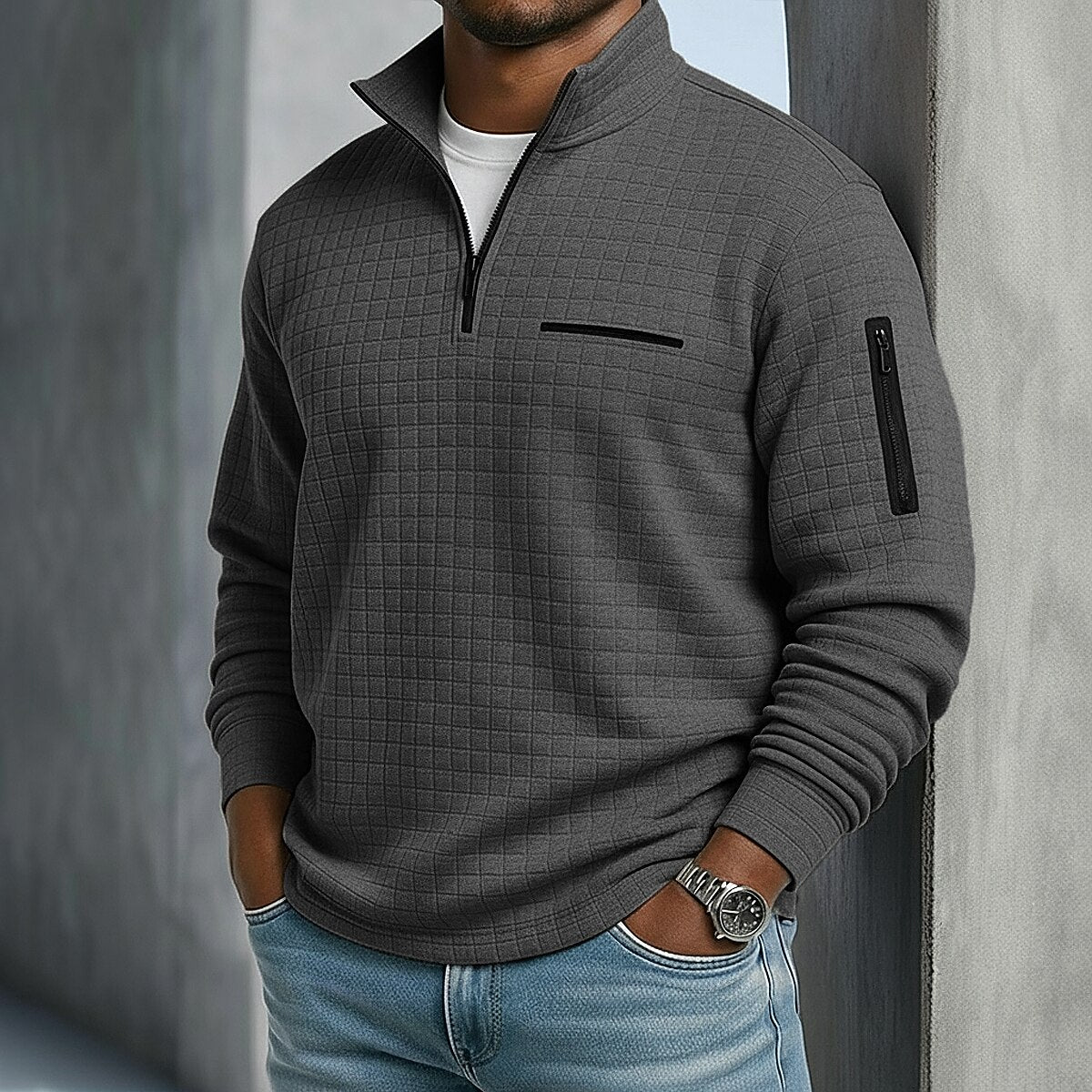Quarter-Zip Polo Shirt Waffle Knit Long Sleeve Breathable